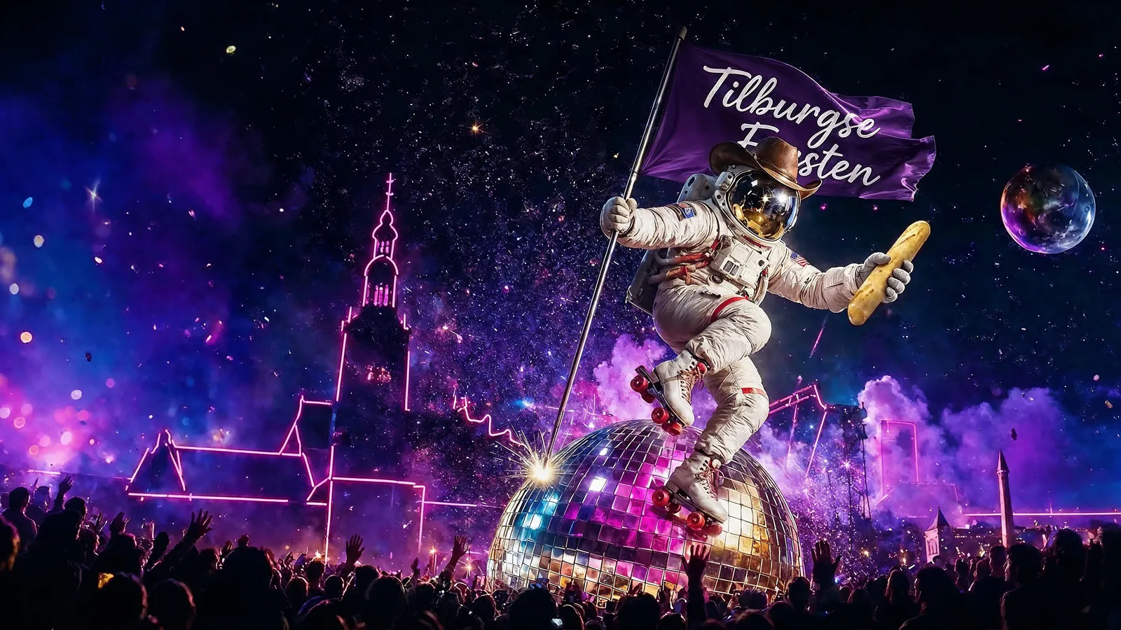 Astronaut met cowboyhoed op zijn helm, een vlag met het opschrift Tilburgse Feesten in de ene hand en een stokbrood in de andere, op rolschaatsen balancerend op een reuzendiscobal boven een juichende menigte in de Tilburgse binnenstad.